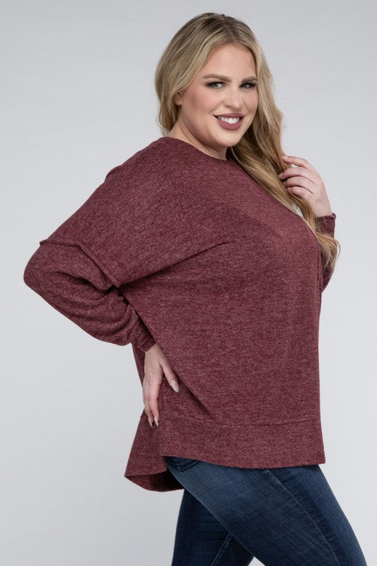 Zenana Plus Brushed Melange Drop Shoulder Sweater