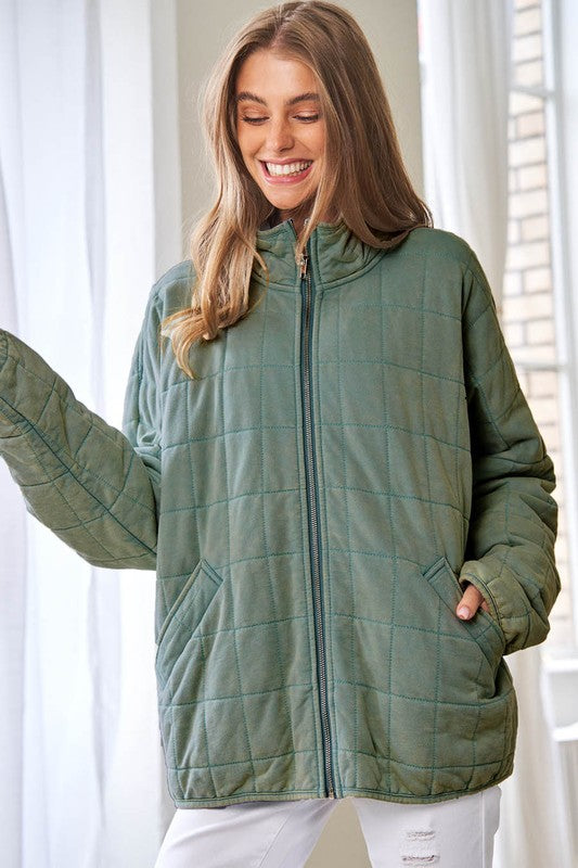 Davi & Dani Washed Soft Comfy Quilting Zip Closure Jacket