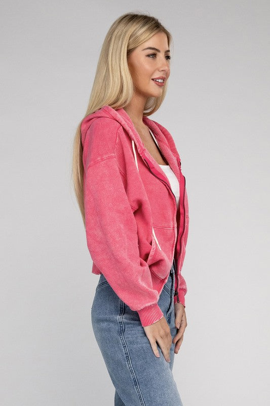 Zenana Acid Wash Fleece Cropped Zip-Up Hoodie - Boho Soho