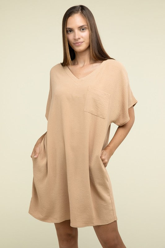 Zenana Woven Airflow V Neck T-Shirt Dress with Pockets