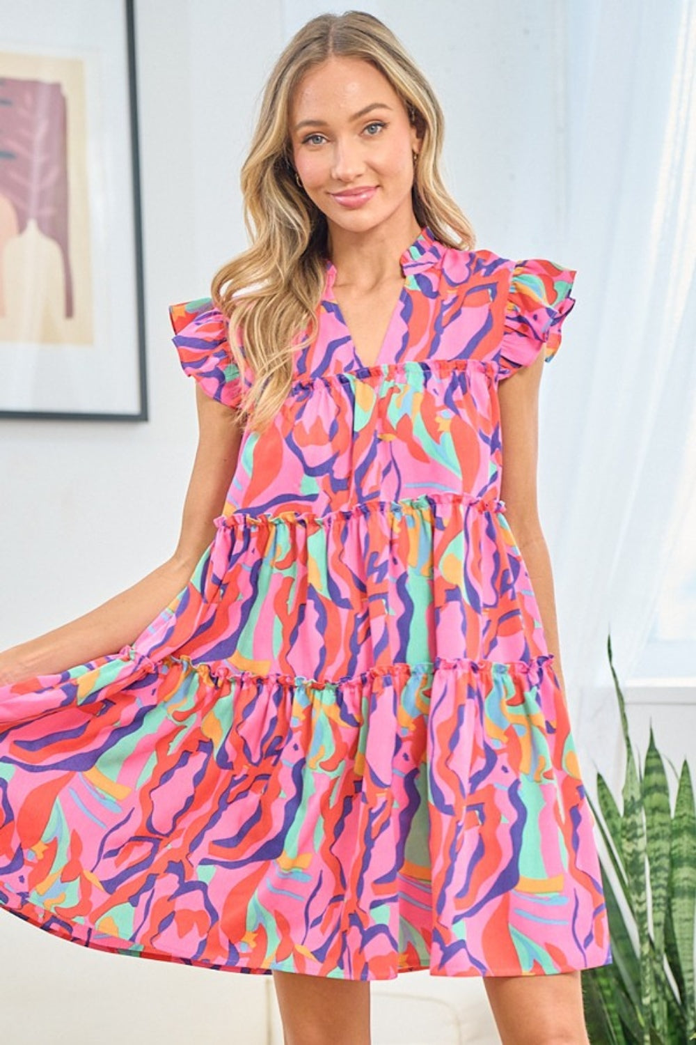 First Love Printed Ruffle Cap Sleeve Tiered Dress