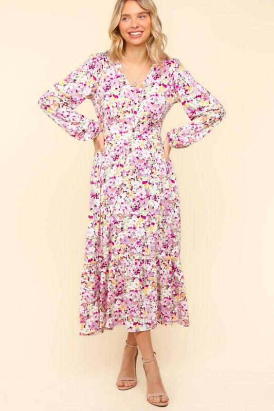 Haptics Floral V-Neck Long Sleeve Dress with Side Pockets