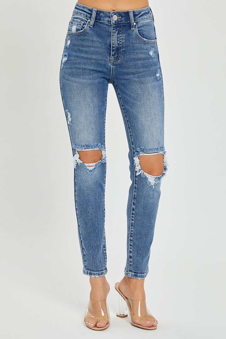 Risen High Rise Knee Distressed Skinny Jeans