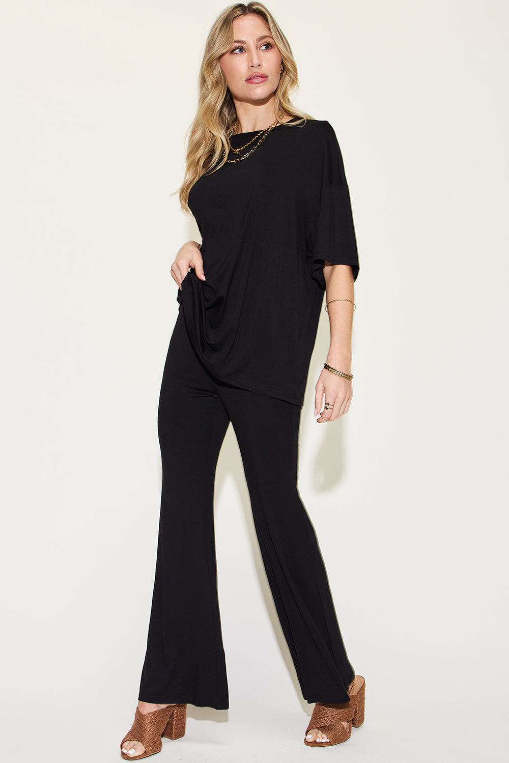 Basic Bae Bamboo Drop Shoulder Top & Flare Pants Set