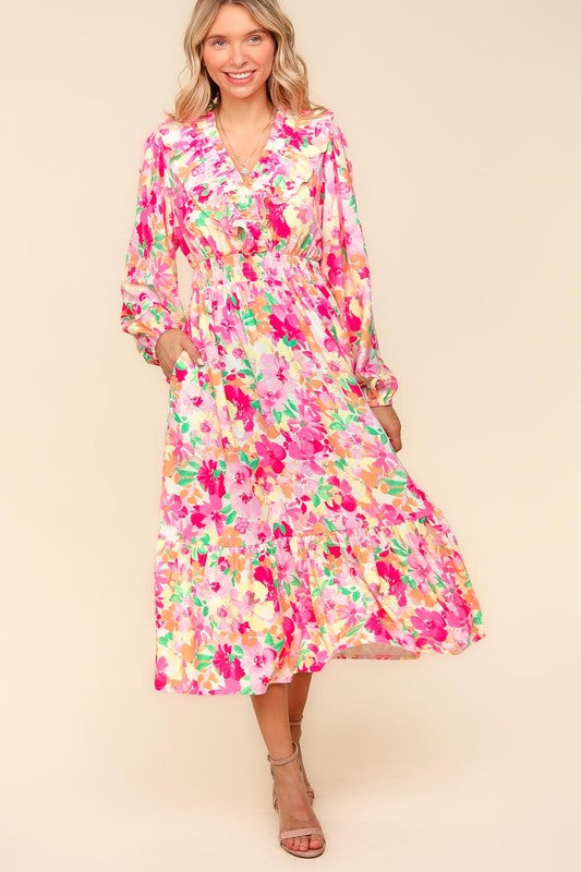 Haptics Floral Surplice Balloon Sleeve Dress with Side Pockets