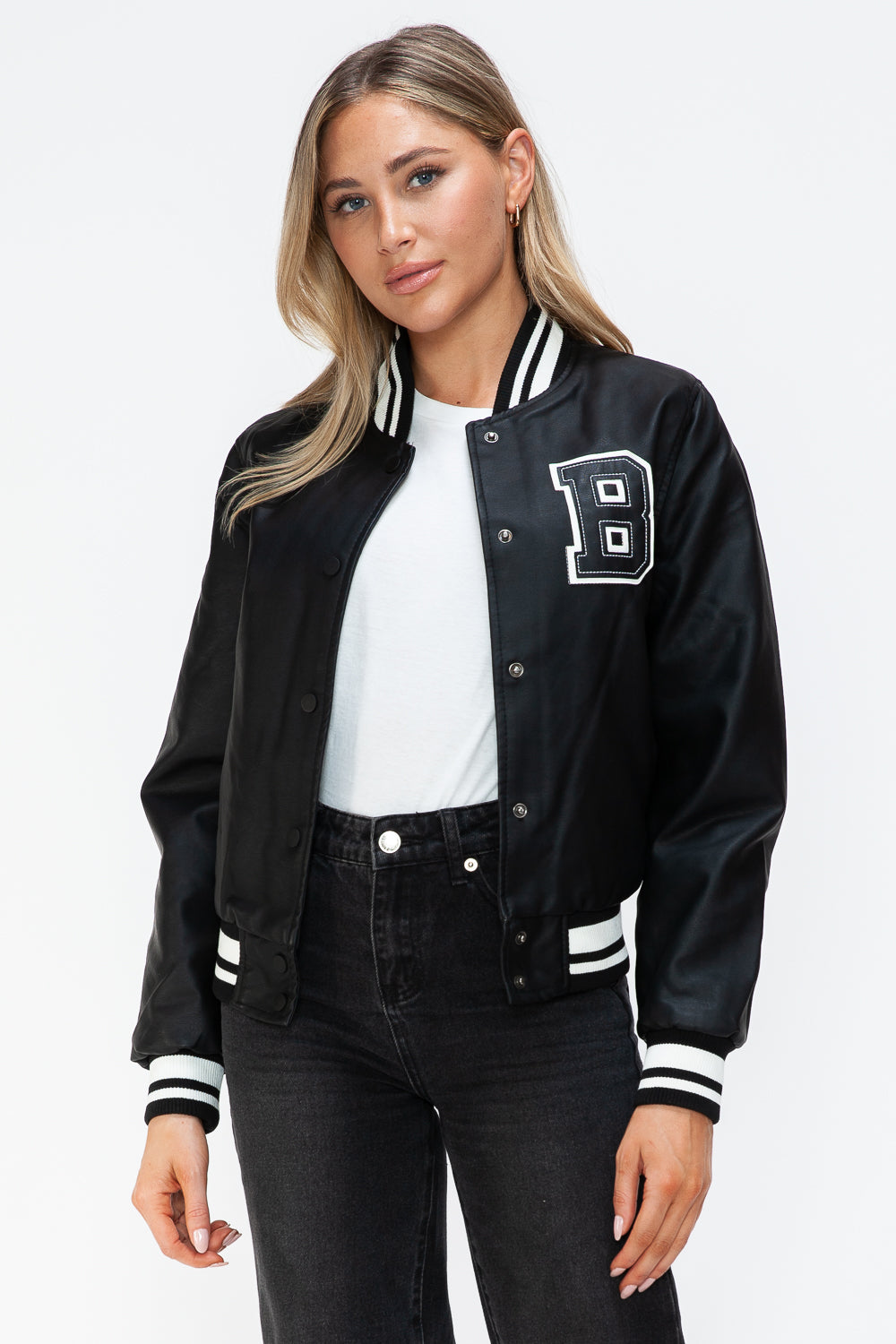 Love Me Now PU Leather Contrast Snap Down Bomber Jacket - Boho Soho
