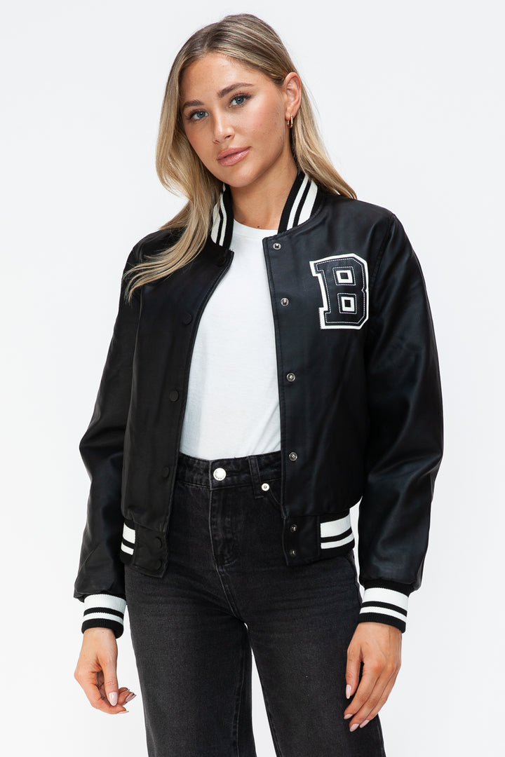 Love Me Now PU Leather Contrast Snap Down Bomber Jacket - Boho Soho