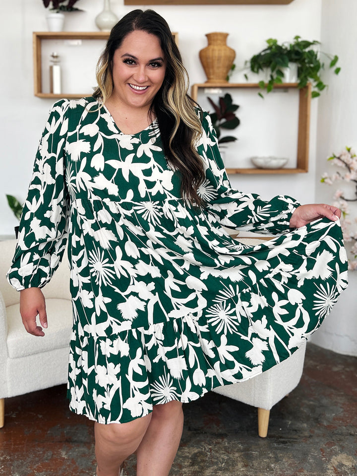 Double Take Full Size Printed Ruffle Hem Dress with Pockets