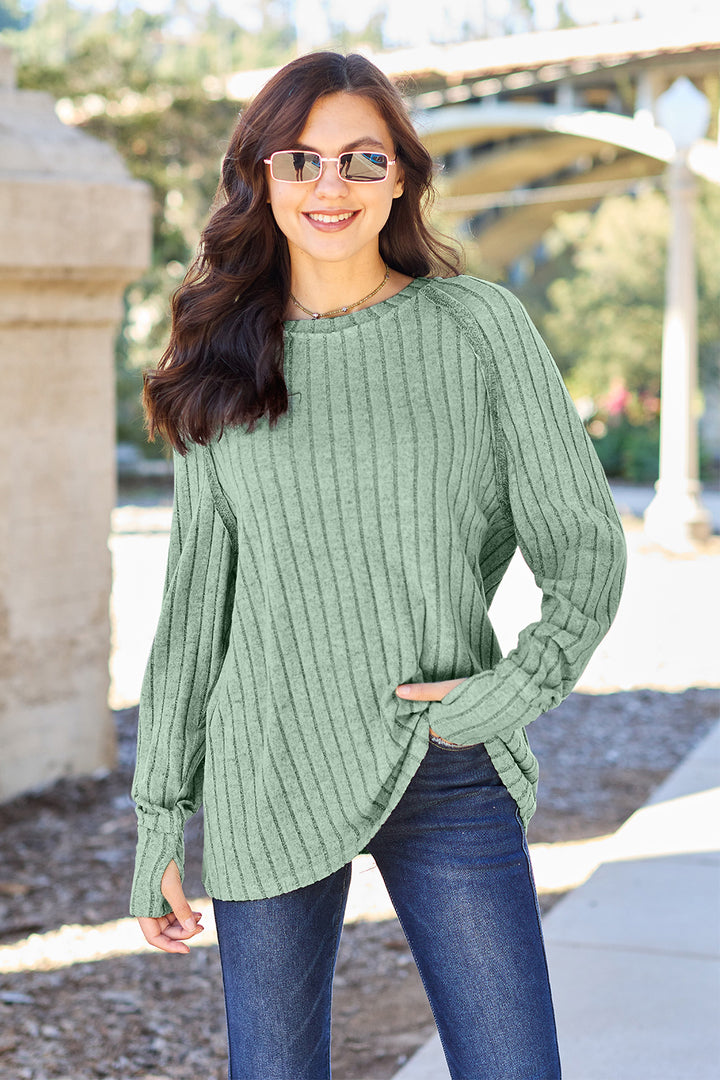 Basic Bae Ribbed Round Neck Long Sleeve Knit Top