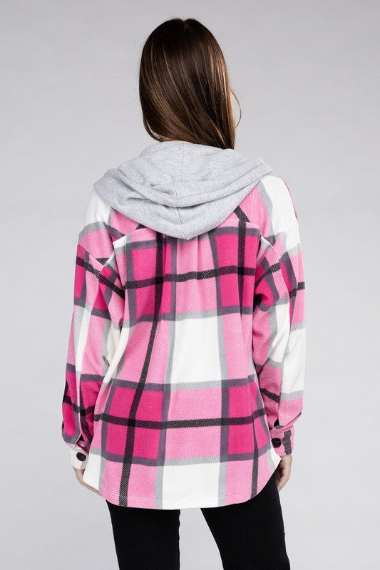 Zenana Plaid Drawstring Hooded Fleece Shacket