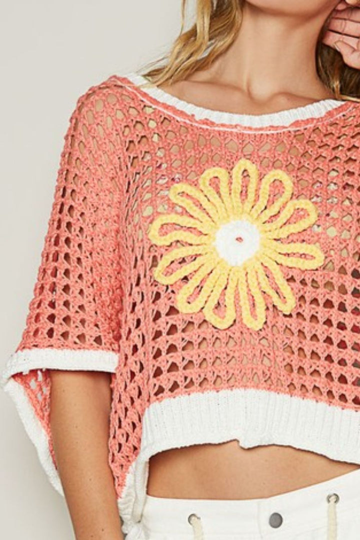 POL Hollow Out Flower Half Sleeve Knit Top