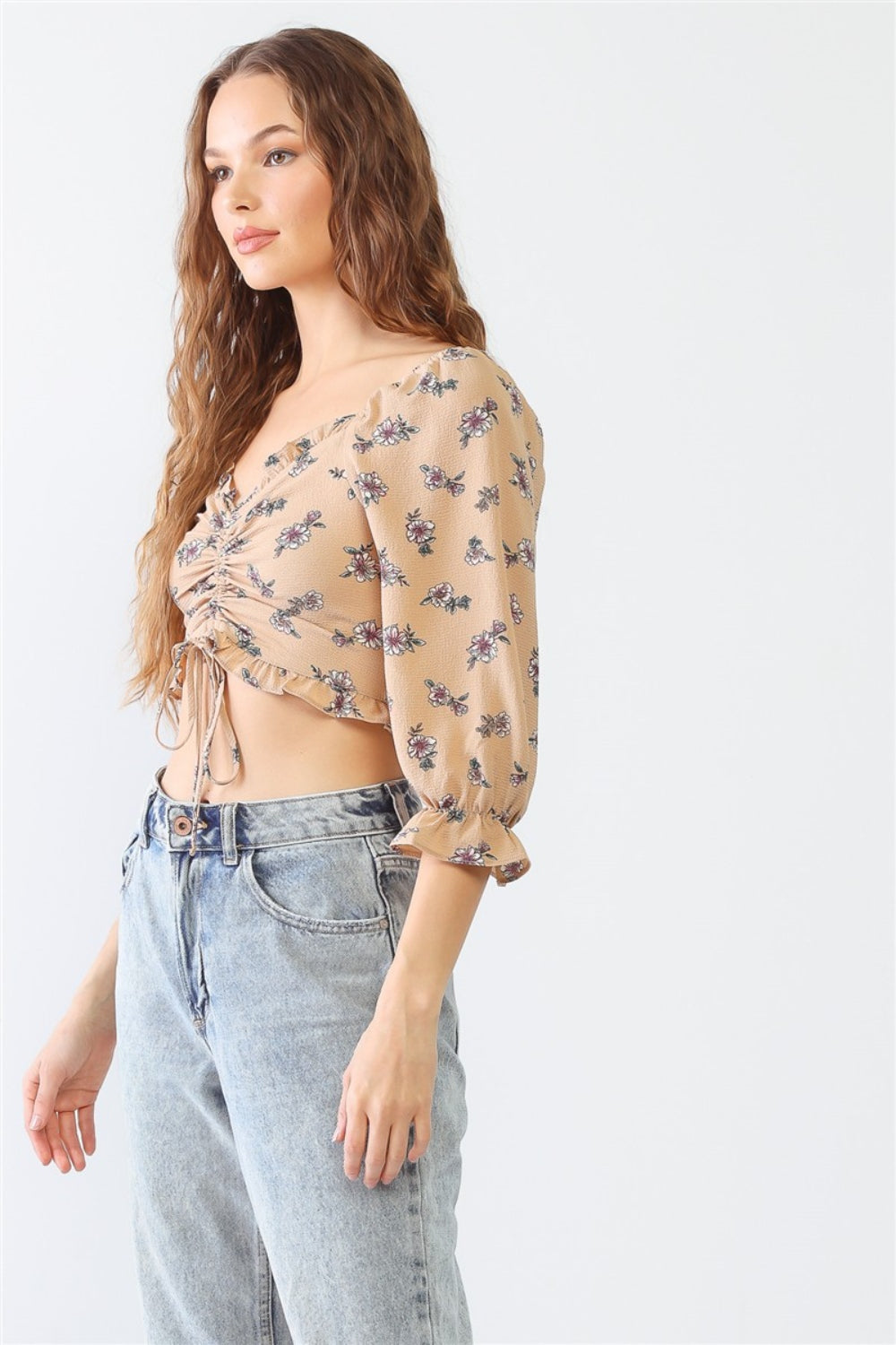 Miss Love Floral Ruffle Smocked Back Ruched Crop Top