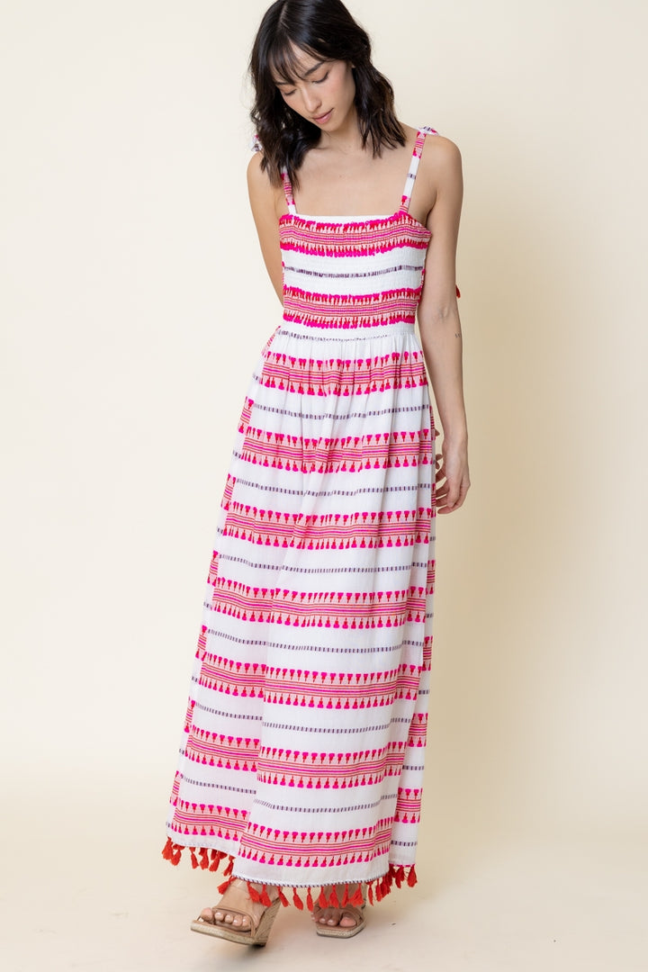 En Crème Embroidered Striped Tassel Maxi Dress