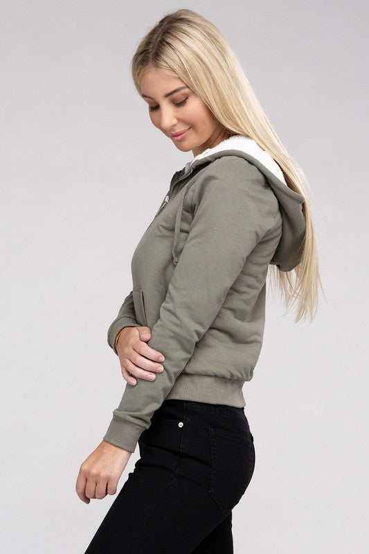 Ambiance Fuzzy Trim Zip-Up Crop Hoodie