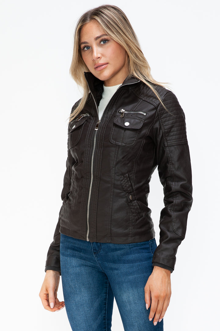 YMI Removable Faux Layered Multi-Pocket Faux Leather Jacket with Fuzzy Hood