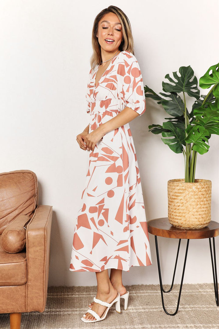 Printed Surplice Balloon Sleeve MIDI Dress