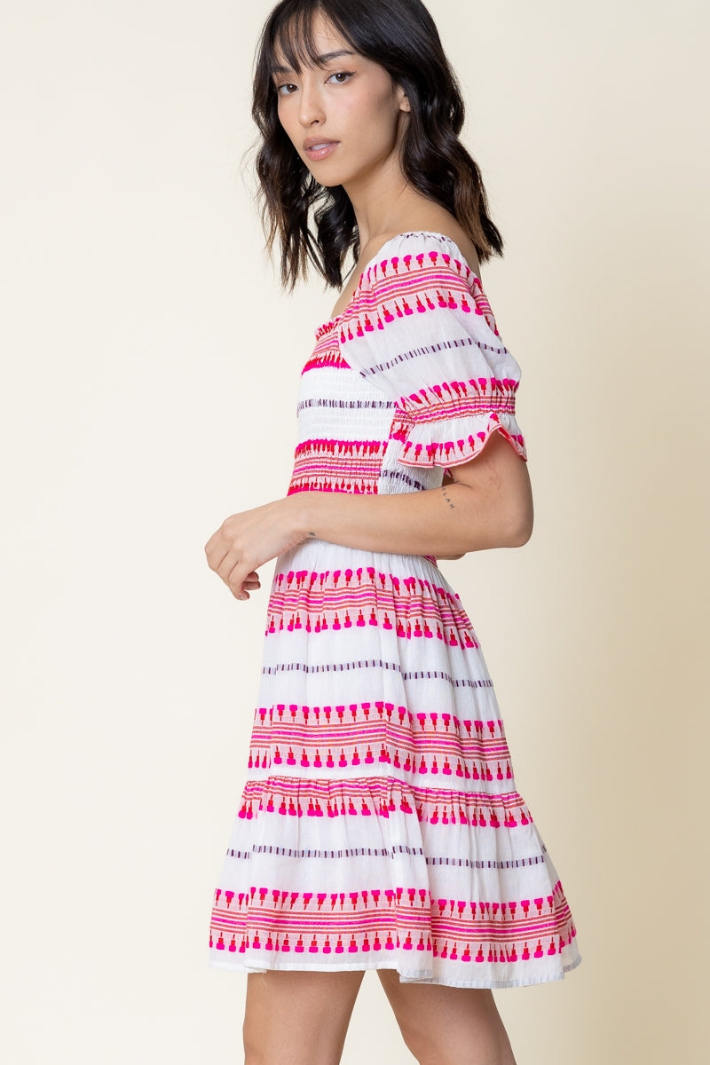 En Crème Embroidered Striped Puff Sleeve Mini Dress - Boho Soho