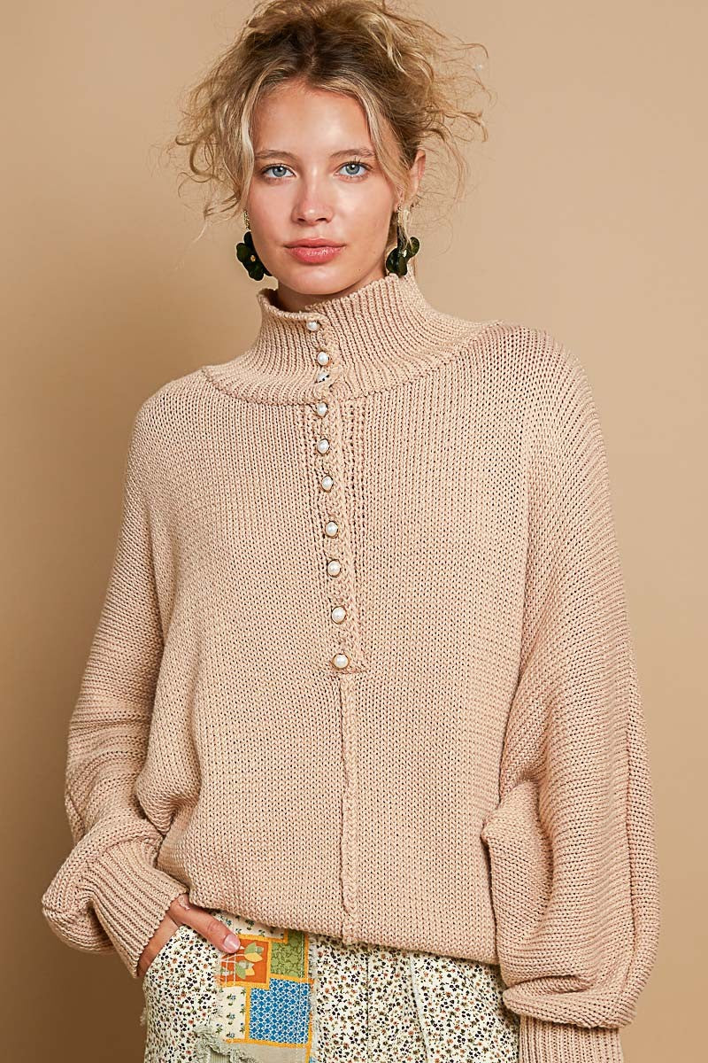 POL Pearl Detail Turtleneck Long Sleeve Sweater - Boho Soho