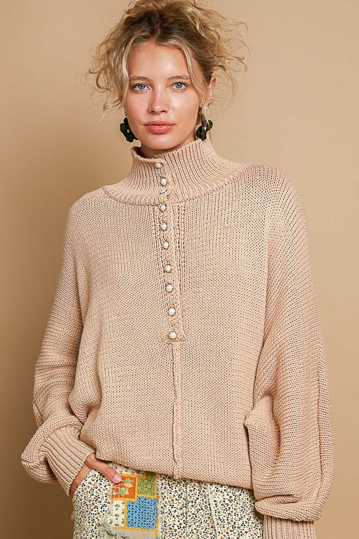 POL Pearl Detail Turtleneck Long Sleeve Sweater - Boho Soho