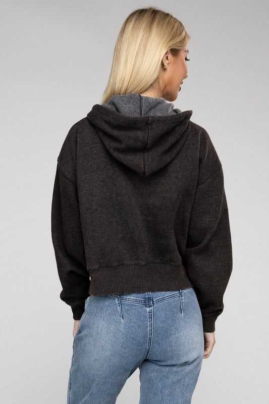 Zenana Acid Wash Fleece Cropped Zip-Up Hoodie - Boho Soho