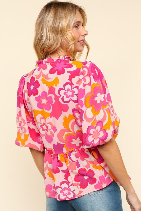 Haptics Frill Floral Puff Sleeve Blouse