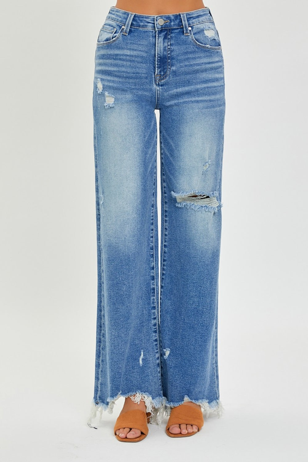 Risen High Rise Frayed Hem Wide Leg Jeans