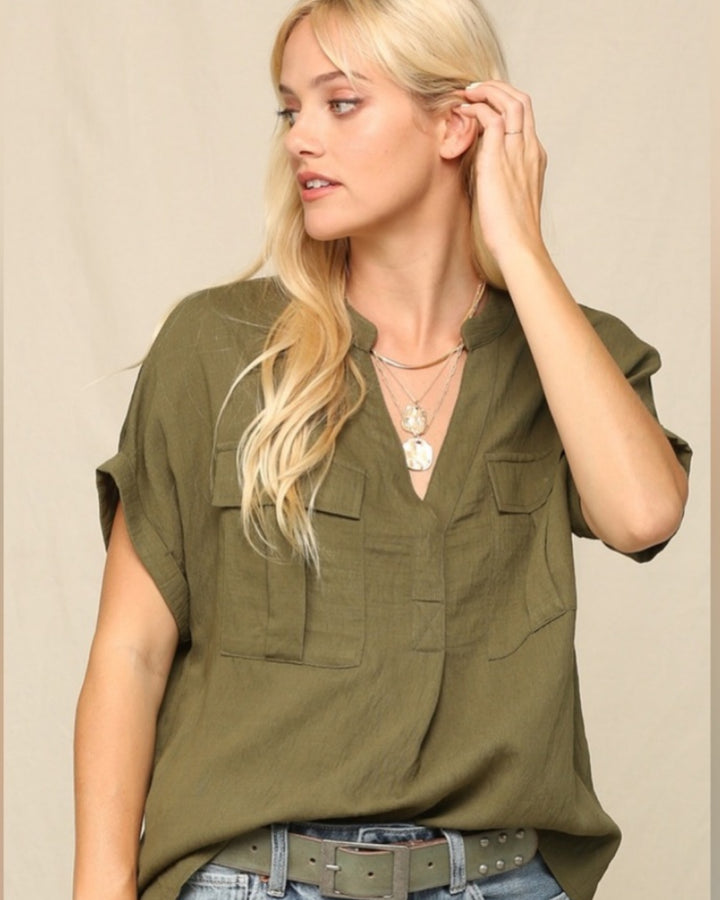Flap Front Pocked Rolled Dolman Sleeve Top