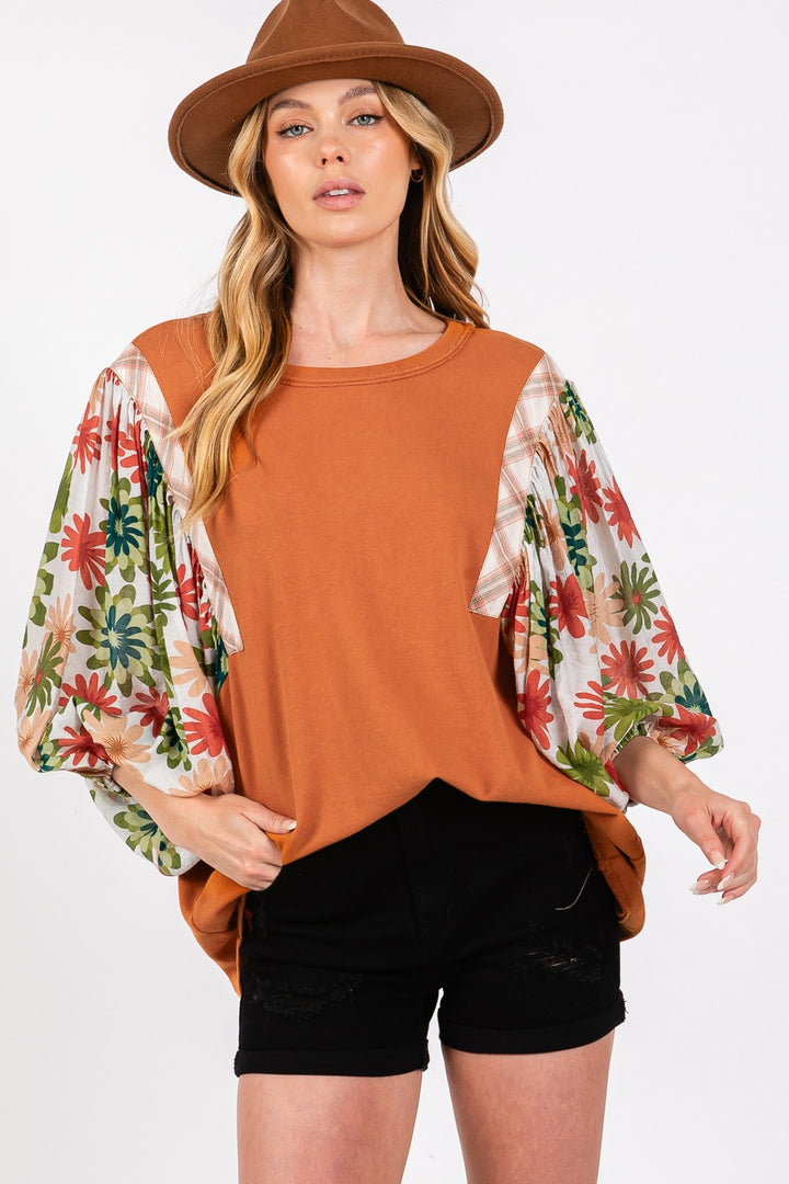 SAGE + FIG Printed Balloon Sleeve Contrast Top