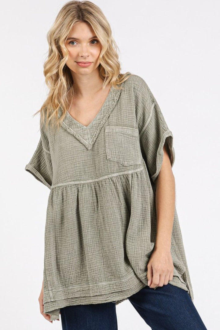 Mittoshop Mineral Wash Gauze Babydoll V-Neck Oversized Blouse