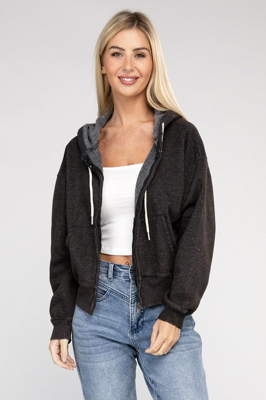 Zenana Acid Wash Fleece Cropped Zip-Up Hoodie - Boho Soho