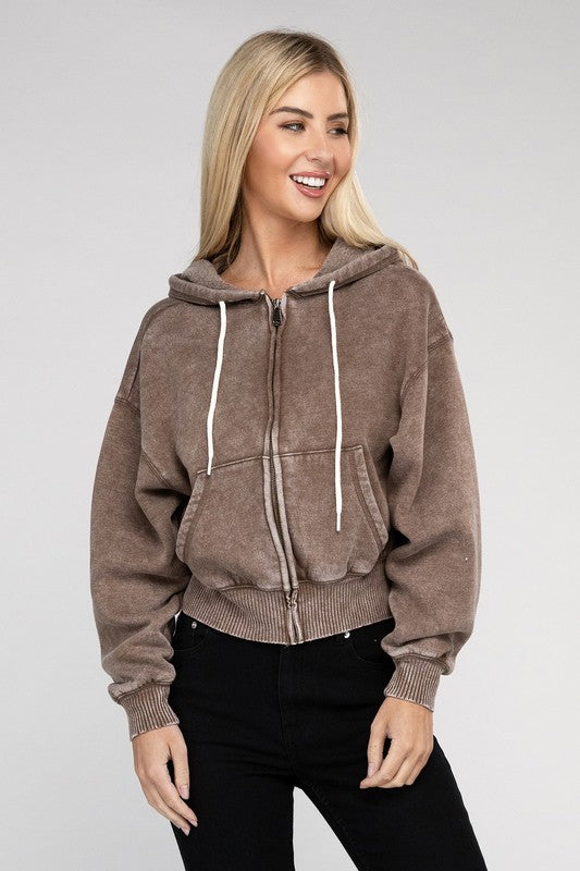 Zenana Acid Wash Fleece Cropped Zip-Up Hoodie - Boho Soho