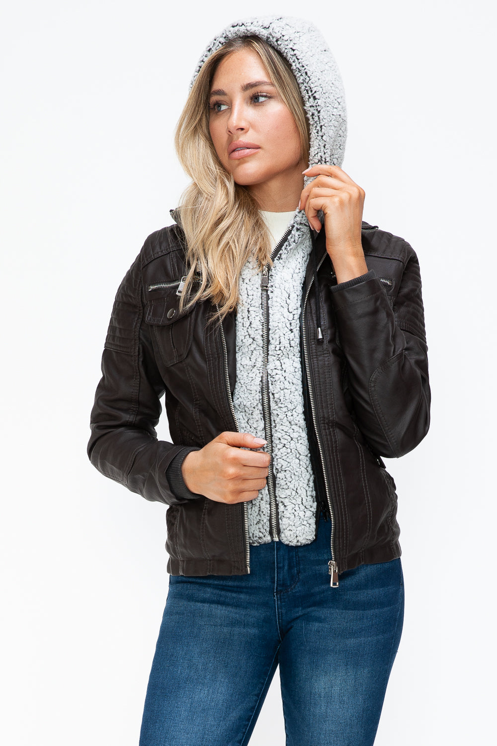 YMI Removable Faux Layered Multi-Pocket Faux Leather Jacket with Fuzzy Hood