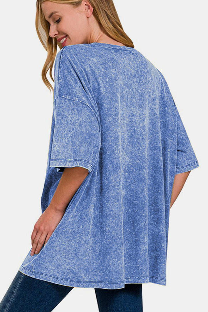 Zenana Washed Round Neck Drop Shoulder Oversized T-Shirt