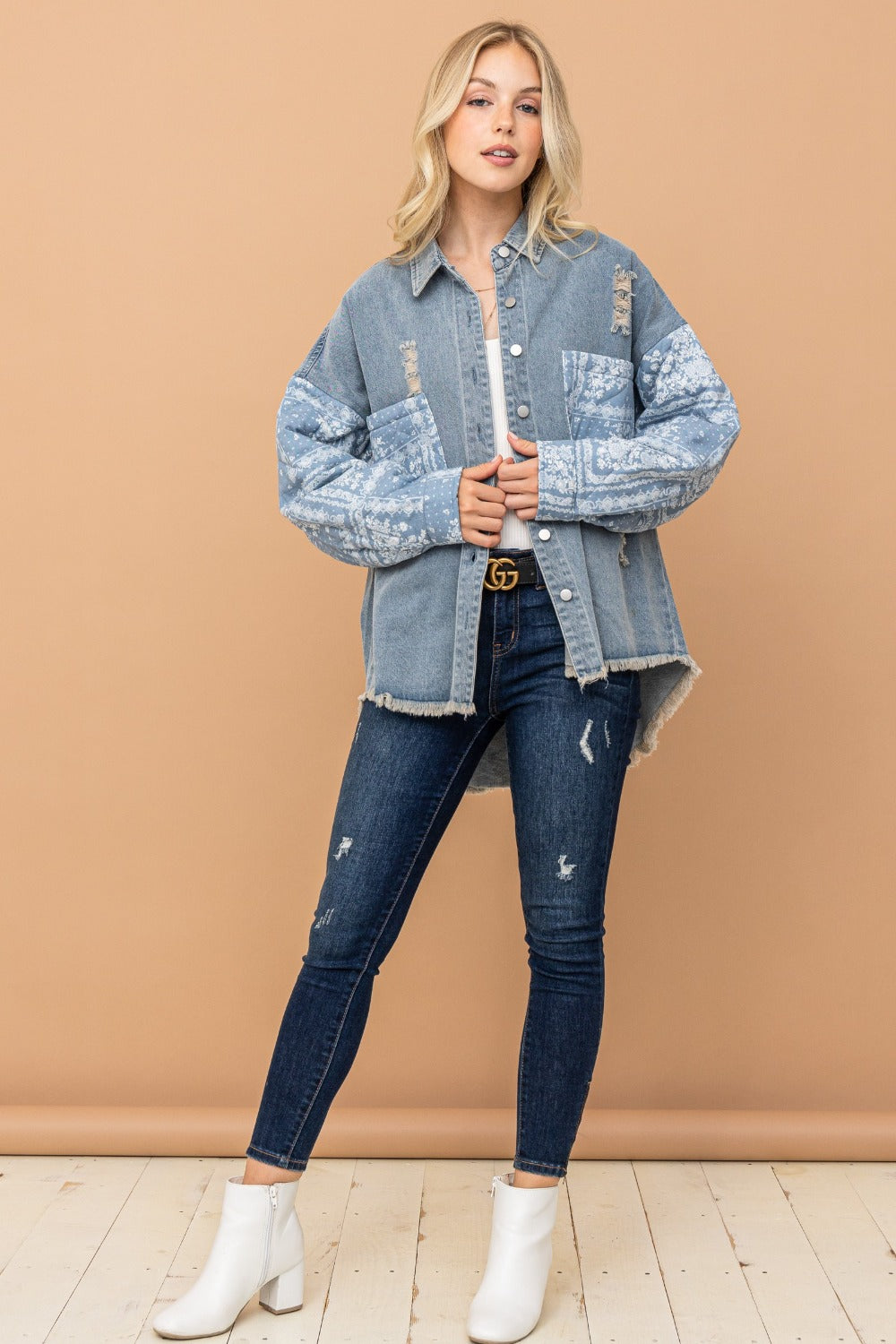 And The Why Paisley Print Quilted Sleeves Denim Jacket