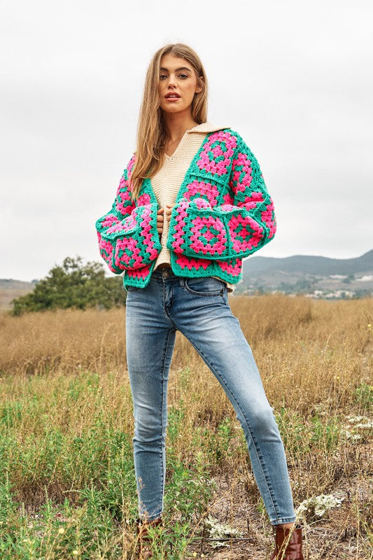 Davi & Dani Two-Tone Floral Square Crochet Open Knit Cardigan