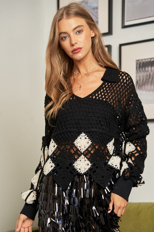 Davi & Dani Crochet V Neck Long Sleeve Knit Sweater Top