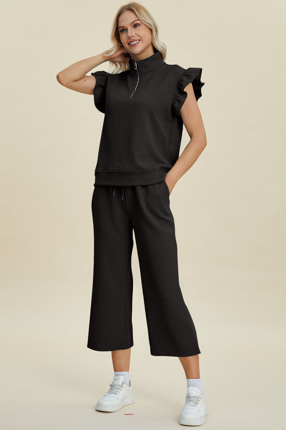 Double Take Full Size Texture Ruffle Short Sleeve Top and Wide Leg Pants Set - Boho Soho