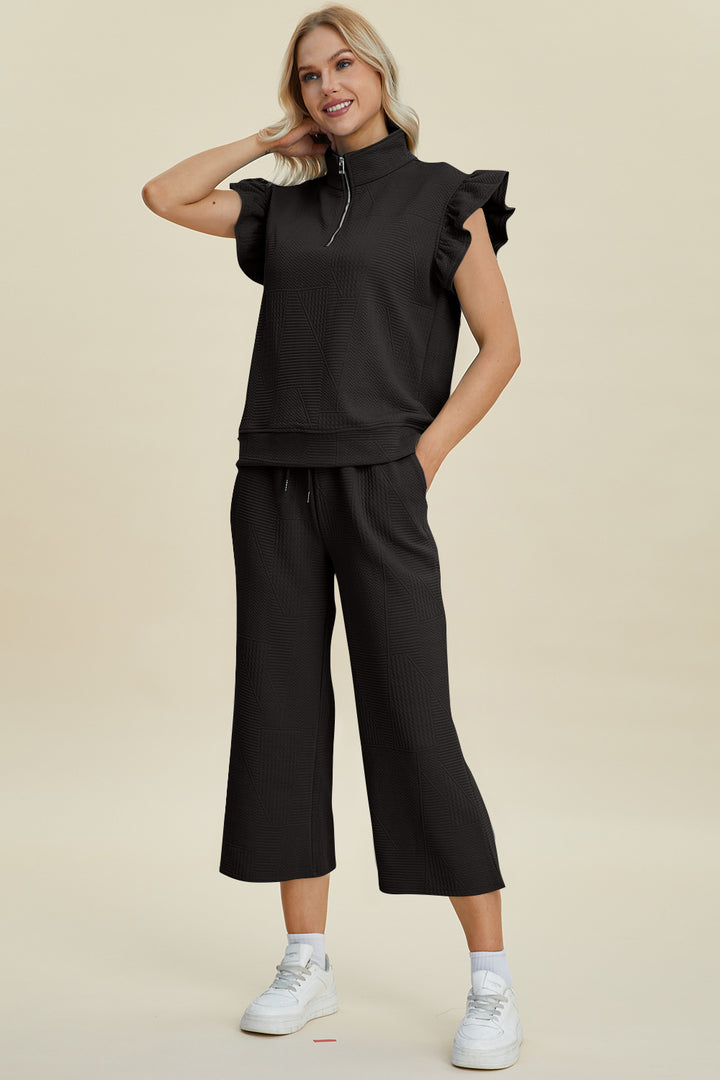 Double Take Full Size Texture Ruffle Short Sleeve Top and Wide Leg Pants Set - Boho Soho