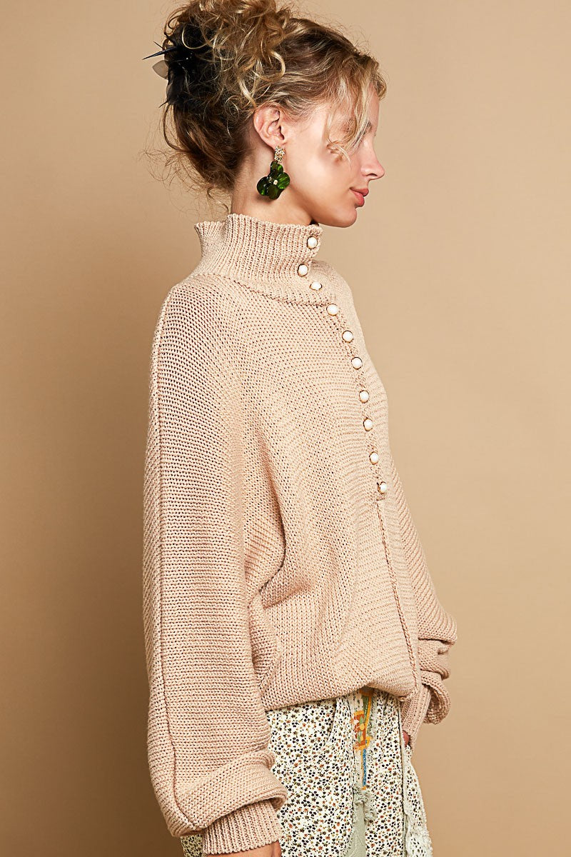 POL Pearl Detail Turtleneck Long Sleeve Sweater - Boho Soho