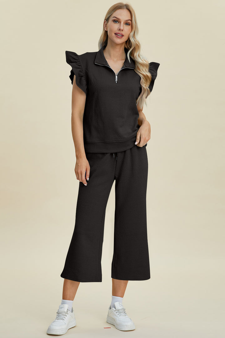 Double Take Full Size Texture Ruffle Short Sleeve Top and Wide Leg Pants Set - Boho Soho