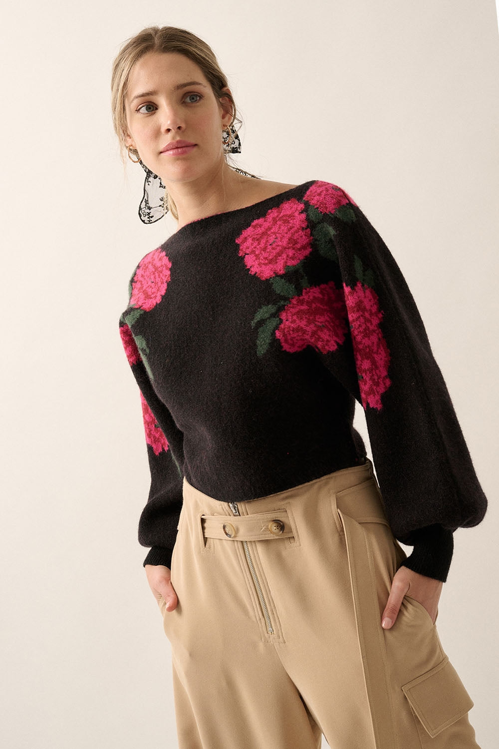 Intarsia Floral Boat Neck Cropped Sweater - Boho Soho