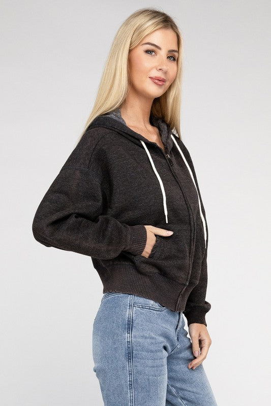 Zenana Acid Wash Fleece Cropped Zip-Up Hoodie - Boho Soho