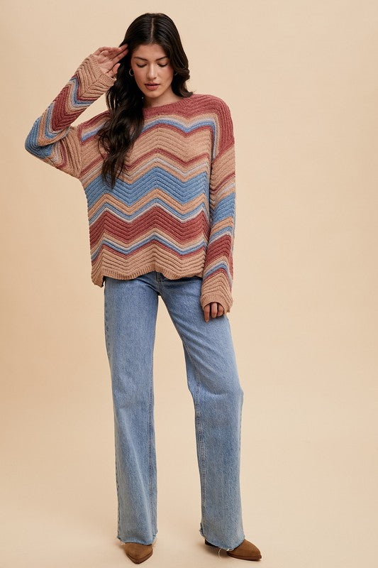 Annie Wear Multi Color Zig-Zag Round Neck Sweater