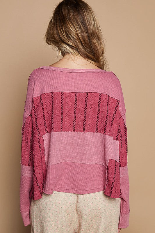 POL Half Button Color Block Drop Shoulder Knit Top