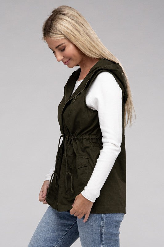 Zenana Drawstring Waist Military Hoodie Vest