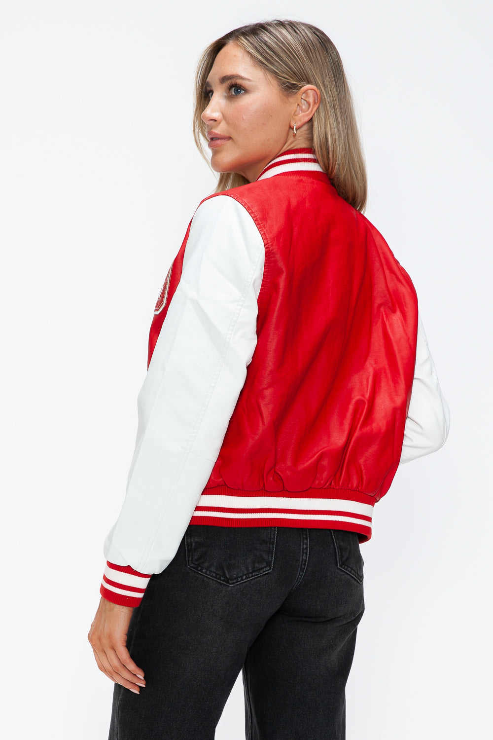 Love Me Now PU Leather Contrast Snap Down Bomber Jacket - Boho Soho