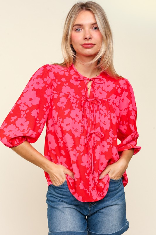 Haptics Ribbon Bow Floral Balloon Sleeve Blouse