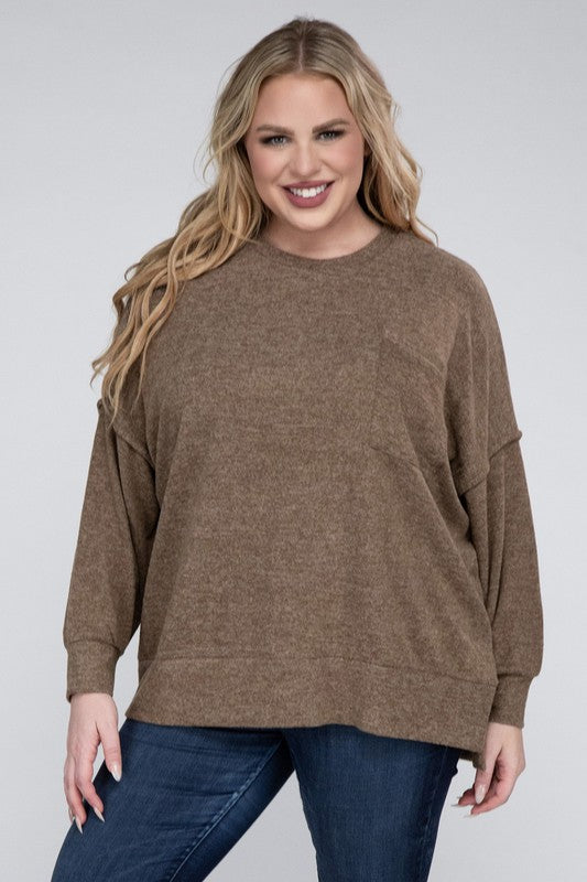 Zenana Plus Brushed Melange Drop Shoulder Sweater