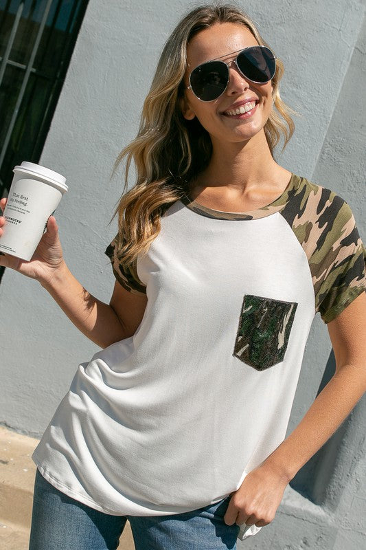 PLUS SOLID CAMO SEQUINS POCKET TOP