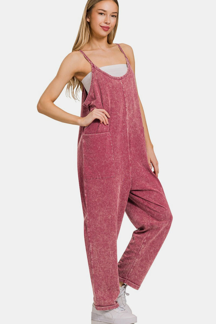 Zenana Washed Spaghetti Straps Jumpsuit with Pockets
